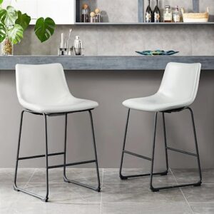 pukami 26inch bar stools set of 2,counter height bar stools,pu leather barstool,armless dining chairs for kitchen island,modern stools with metal leg and back (white, 26inch)