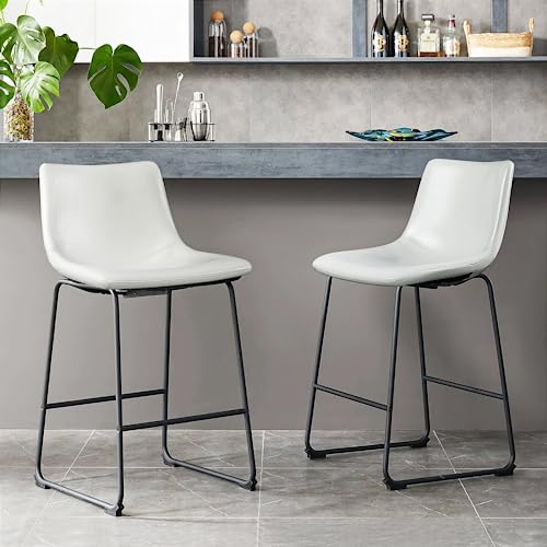 PUKAMI 26inch Bar Stools Set of 2,Counter Height Bar Stools,PU Leather Barstool,Armless Dining Chairs for Kitchen Island,Modern Stools with Metal Leg and Back (White, 26inch)