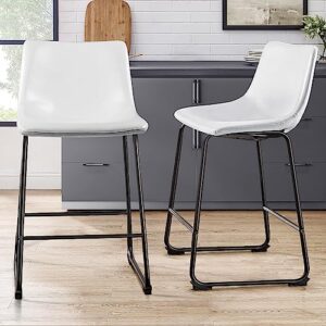 PUKAMI 26inch Bar Stools Set of 2,Counter Height Bar Stools,PU Leather Barstool,Armless Dining Chairs for Kitchen Island,Modern Stools with Metal Leg and Back (White, 26inch)