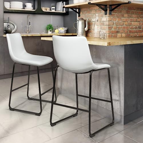 PUKAMI 26inch Bar Stools Set of 2,Counter Height Bar Stools,PU Leather Barstool,Armless Dining Chairs for Kitchen Island,Modern Stools with Metal Leg and Back (White, 26inch)