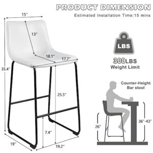 PUKAMI 26inch Bar Stools Set of 2,Counter Height Bar Stools,PU Leather Barstool,Armless Dining Chairs for Kitchen Island,Modern Stools with Metal Leg and Back (White, 26inch)