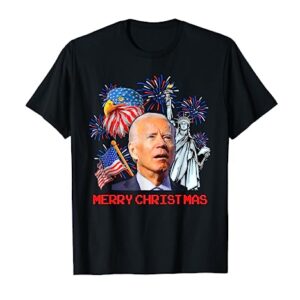 Funny Joe Biden Merry Christmas In July USA Flag 4th Of July T-Shirt