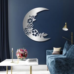 metal moon wall art decor, moon flower metal wall decor, the moon wall art, metal wall art, metal wall decor, half moon and flowers décor, kids room decoration, living room entryway wall hangings (silver, 15"w x 18"h / 38x45cm)
