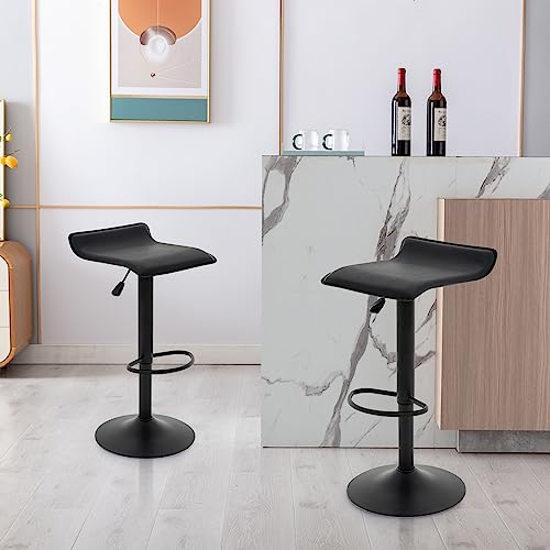 Vogue Furniture Direct Adjustable Bar Stools Set of 2, Modern Swivel PU Leather Airlift Barstools, Backless Kitchen Counter Height Bar Chair for Dining Room (Black, Black Base)