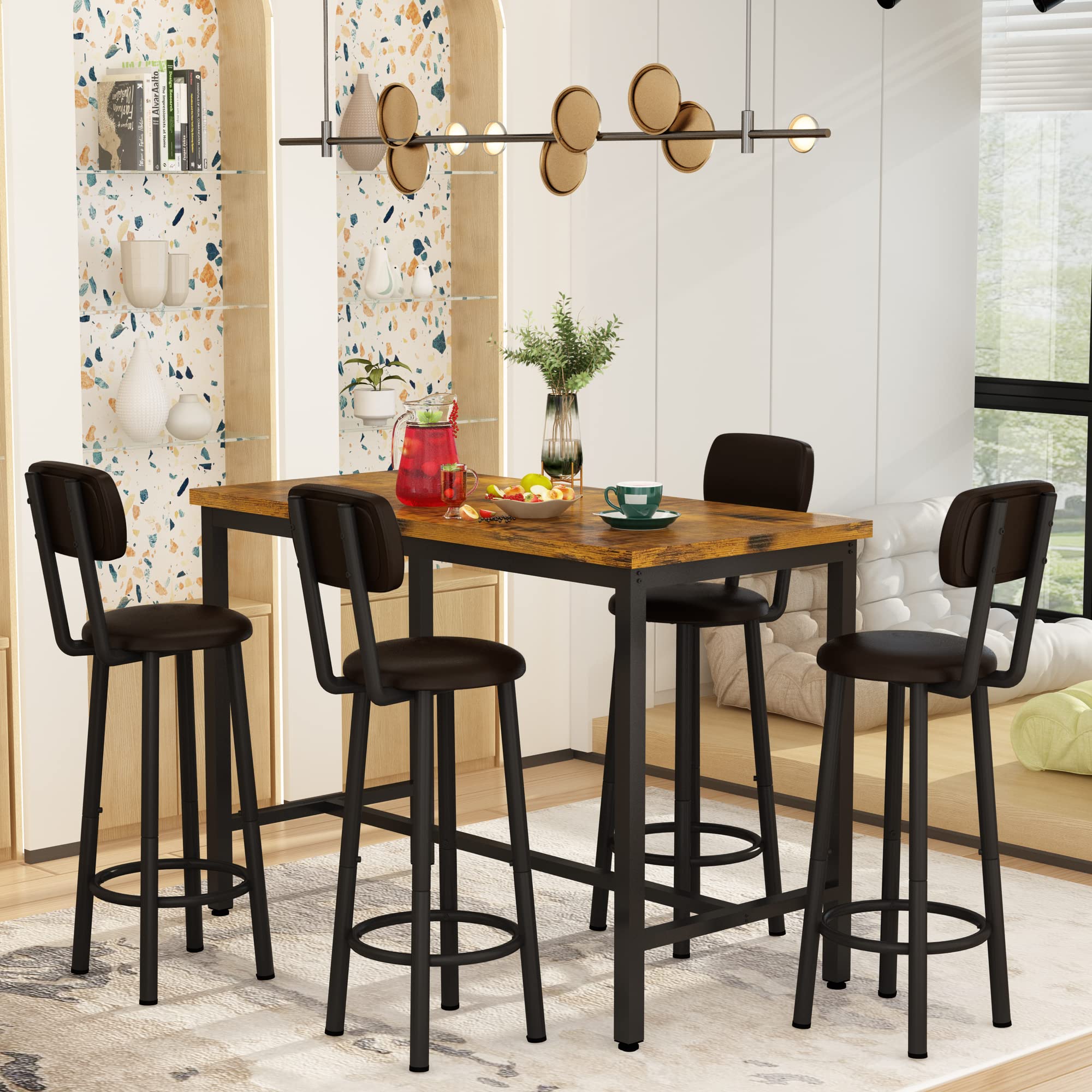 DKLGG Bar Stools, Set of 4 Bar Chairs, Tall Bar Stools with Backrest, PU Upholstered Breakfast Stools Armless Dining Chairs for Kitchen Island Pub Living Room