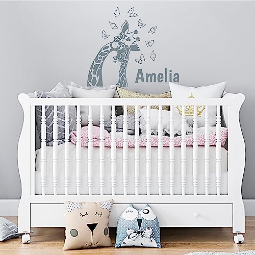 Mom Giraffe with Kid Drawing Name Amelia Wall Decor - Lovely Giraffe Family Picture Baby Name Wall Decals - Two Giraffes Parent with Kid Name Stickers for Wall