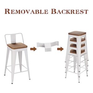 WENTMENT Metal Bar Stools Set of 4 Counter Height Bar Stools Barstools with Removable Back 24" Kitchen Bar Stools with Wooden Seat, White