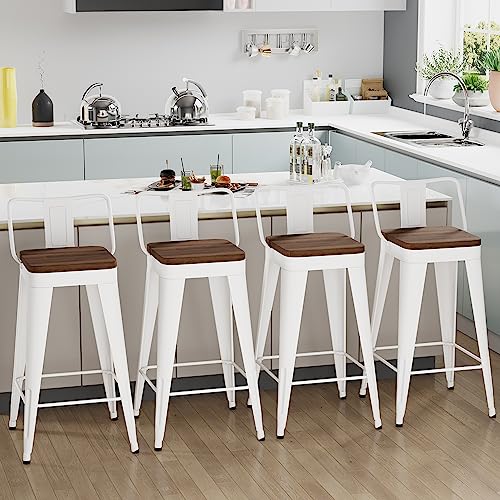 WENTMENT Metal Bar Stools Set of 4 Counter Height Bar Stools Barstools with Removable Back 24" Kitchen Bar Stools with Wooden Seat, White