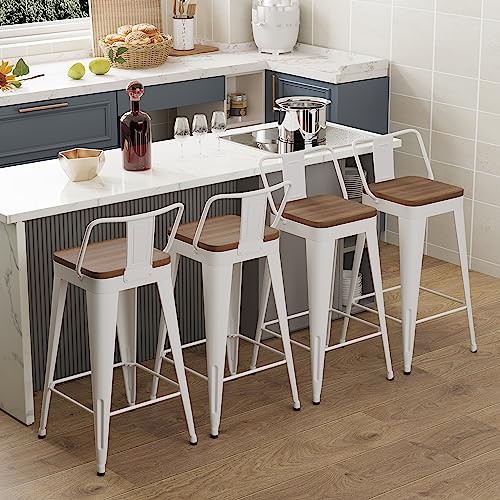 WENTMENT Metal Bar Stools Set of 4 Counter Height Bar Stools Barstools with Removable Back 24" Kitchen Bar Stools with Wooden Seat, White