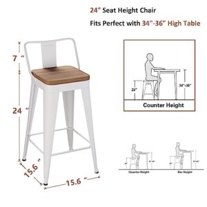 WENTMENT Metal Bar Stools Set of 4 Counter Height Bar Stools Barstools with Removable Back 24" Kitchen Bar Stools with Wooden Seat, White