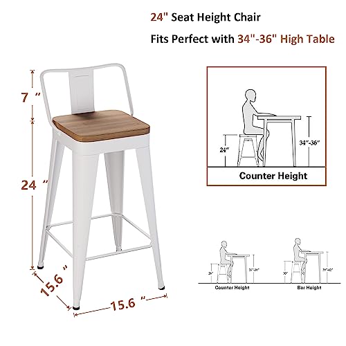 WENTMENT Metal Bar Stools Set of 4 Counter Height Bar Stools Barstools with Removable Back 24" Kitchen Bar Stools with Wooden Seat, White