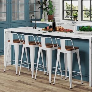 WENTMENT Metal Bar Stools Set of 4 Counter Height Bar Stools Barstools with Removable Back 24" Kitchen Bar Stools with Wooden Seat, White