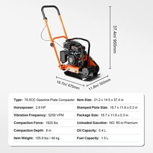 VEVOR Plate Compactor,2.8HP 78.5cc Gas Engine, 5600VPM Force Vibratory Compaction Tamper,1920LBS Compactor with 18.7 x 11.8 in Plate for Walkways,Patios,Asphalts,Paver Landscaping,EPA Compliant