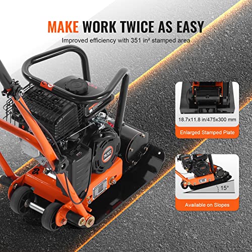 VEVOR Plate Compactor,2.8HP 78.5cc Gas Engine, 5600VPM Force Vibratory Compaction Tamper,1920LBS Compactor with 18.7 x 11.8 in Plate for Walkways,Patios,Asphalts,Paver Landscaping,EPA Compliant
