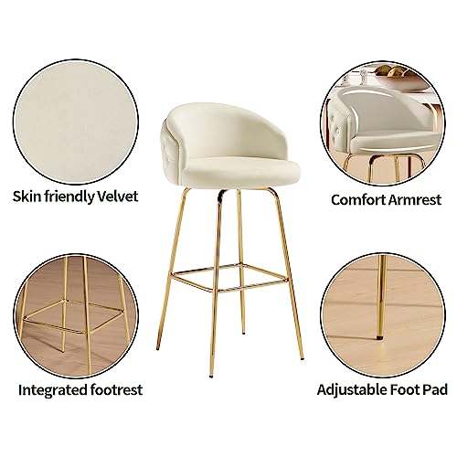 Volans Counter Height Bar Stools Set of 2, 360° Swivel Modern Velvet Bar Stools for Kitchen Island, Kitchen Chairs with High Performance Fabric Sponge(White)