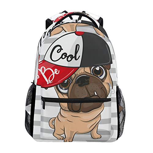 ALAZA Cute Cartoon Pug Dog With Cap Be Cool Stripe Stylish Large Backpack Personalized Laptop iPad Tablet Travel School Bag with Multiple Pockets