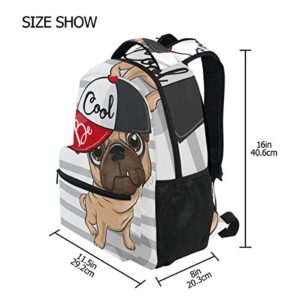 ALAZA Cute Cartoon Pug Dog With Cap Be Cool Stripe Stylish Large Backpack Personalized Laptop iPad Tablet Travel School Bag with Multiple Pockets