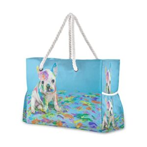alaza blue color pug dog animal tote bag beach large bag rope handles for shopping groceries travel outdoors