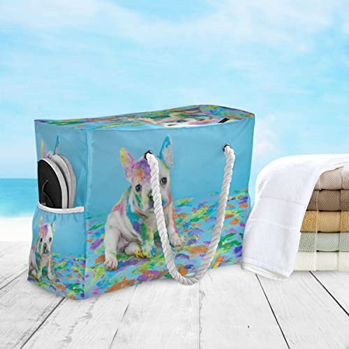 ALAZA Blue Color Pug Dog Animal Tote Bag Beach Large Bag Rope Handles for Shopping Groceries Travel Outdoors