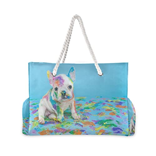 ALAZA Blue Color Pug Dog Animal Tote Bag Beach Large Bag Rope Handles for Shopping Groceries Travel Outdoors