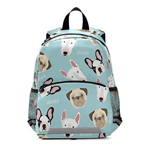 ALAZA Cute Dog Print Pug Bulldog Bull Terrier Kids Toddler Backpack Purse for Girls Boys Kindergarten Preschool School Bag w/Chest Clip Leash Reflective Strip