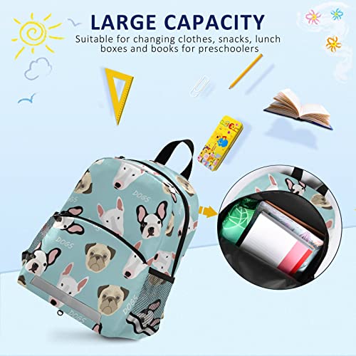 ALAZA Cute Dog Print Pug Bulldog Bull Terrier Kids Toddler Backpack Purse for Girls Boys Kindergarten Preschool School Bag w/Chest Clip Leash Reflective Strip