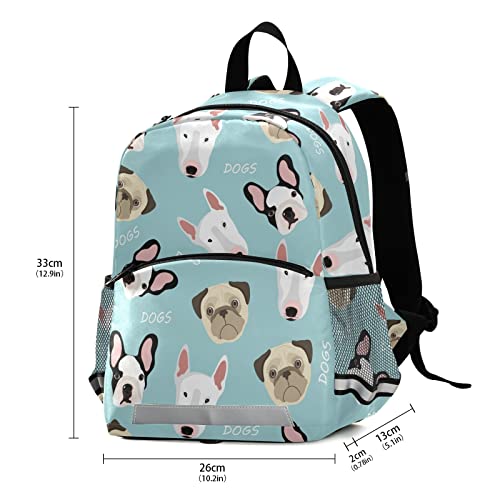 ALAZA Cute Dog Print Pug Bulldog Bull Terrier Kids Toddler Backpack Purse for Girls Boys Kindergarten Preschool School Bag w/Chest Clip Leash Reflective Strip