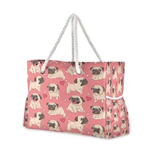 alaza cartoon pug puppy dog tote bag beach large bag rope handles for shopping groceries travel outdoors