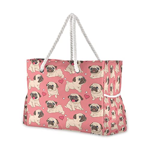 ALAZA Cartoon Pug Puppy Dog Tote Bag Beach Large Bag Rope Handles for Shopping Groceries Travel Outdoors