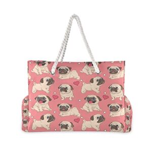 ALAZA Cartoon Pug Puppy Dog Tote Bag Beach Large Bag Rope Handles for Shopping Groceries Travel Outdoors