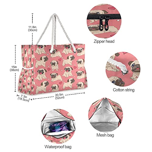 ALAZA Cartoon Pug Puppy Dog Tote Bag Beach Large Bag Rope Handles for Shopping Groceries Travel Outdoors