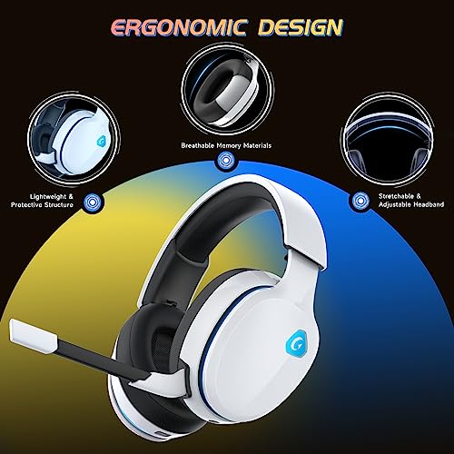 Gvyugke Wireless Gaming Headset 2.4GHz USB for PS5, PS4, PC, Switch, Mac, Bluetooth 5.2 Gaming Headphones with Detachable Microphone for Gamer, Surround Sound, 3.5mm Wired Jack for Xbox Series(White)