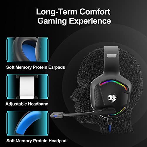 Gaming Headset with Microphone for Pc, Xbox One Series X/s, Ps4, Ps5, Switch, Stereo Wired Noise Cancelling Over-Ear Headphones with Mic, RGB, for Computer, Laptop, Mac, Nintendo, Gamer (Blue)