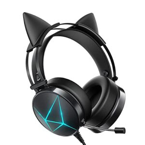 gaming headset for pc, xbox one headset with detachable cat ear headphones, ps5 headset with noise canceling microphone, ps4 headset with 7.1 surround sound, led lights black