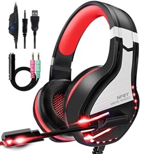 npet hs10 stereo gaming headset for ps4 pc xbox one ps5 controller, noise cancelling over ear headphones with mic,led light, bass surround, soft memory earmuffs for laptop mac nintendo nes games red