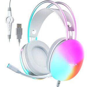 aula usb gaming headset with mic for pc, rgb rainbow backlit headset, virtual 7.1 surround sound, 50mm driver, soft memory earmuffs, wired laptop desktop computer headset, pink, s505