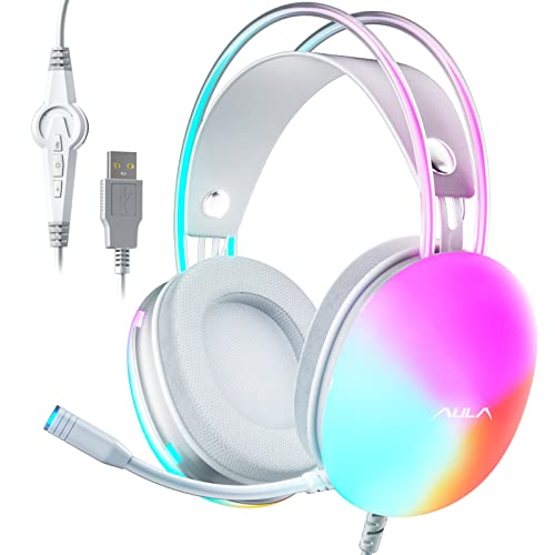 AULA USB Gaming Headset with Mic for PC, RGB Rainbow Backlit Headset, Virtual 7.1 Surround Sound, 50mm Driver, Soft Memory Earmuffs, Wired Laptop Desktop Computer Headset, Pink, S505