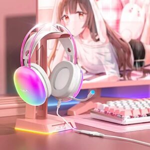 AULA USB Gaming Headset with Mic for PC, RGB Rainbow Backlit Headset, Virtual 7.1 Surround Sound, 50mm Driver, Soft Memory Earmuffs, Wired Laptop Desktop Computer Headset, Pink, S505