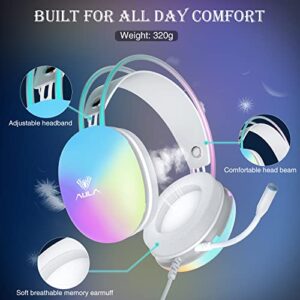 AULA USB Gaming Headset with Mic for PC, RGB Rainbow Backlit Headset, Virtual 7.1 Surround Sound, 50mm Driver, Soft Memory Earmuffs, Wired Laptop Desktop Computer Headset, Pink, S505