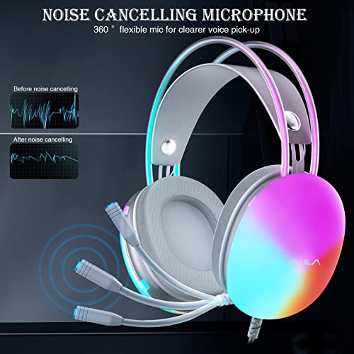 AULA USB Gaming Headset with Mic for PC, RGB Rainbow Backlit Headset, Virtual 7.1 Surround Sound, 50mm Driver, Soft Memory Earmuffs, Wired Laptop Desktop Computer Headset, Pink, S505