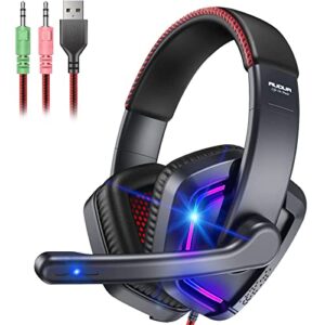 pc gaming headset with mic over ear headphones with noise cancelling mic and soft earmuffs led light, stereo bass sound, video game headphones for computer, laptops, notebook,tablet(gm876-a,blk))
