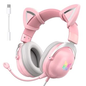 HOLULU Surround Sound Headphones with 3.5mm & USB C Plug, Compatible with PC Mobile Phones Tablet, PS5 PS4 Xbox One(Adapter Not Included) Gaming Headset with Detachable Cat Ears, RGB, Removable Mic…