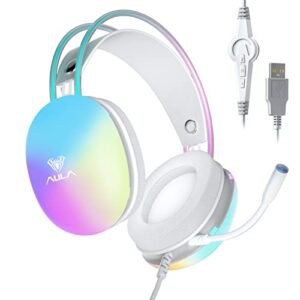 aula usb gaming headset with mic for pc, rgb rainbow backlit headset, virtual 7.1 surround sound, 50mm driver, soft memory earmuffs, wired laptop desktop computer headset, green, s505