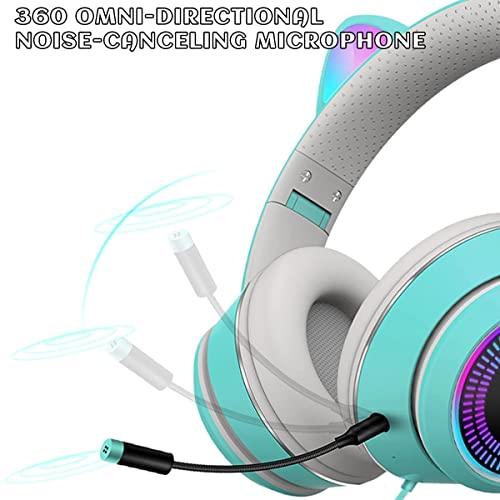 VIGROS Cat Ear Gaming Headphones Wired AUX 3.5mm LED Light, Noise Canceling Game Headphones Stereo Foldable Over-Ear Headsets with Microphone Fit Girls, Kids for PC, PS4, Switch, Xbox, Mobile, Laptop