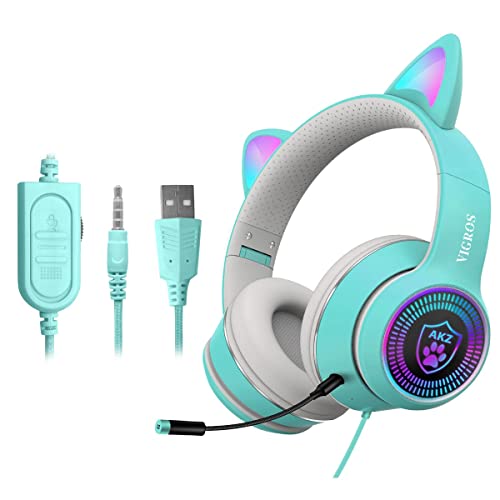 VIGROS Cat Ear Gaming Headphones Wired AUX 3.5mm LED Light, Noise Canceling Game Headphones Stereo Foldable Over-Ear Headsets with Microphone Fit Girls, Kids for PC, PS4, Switch, Xbox, Mobile, Laptop