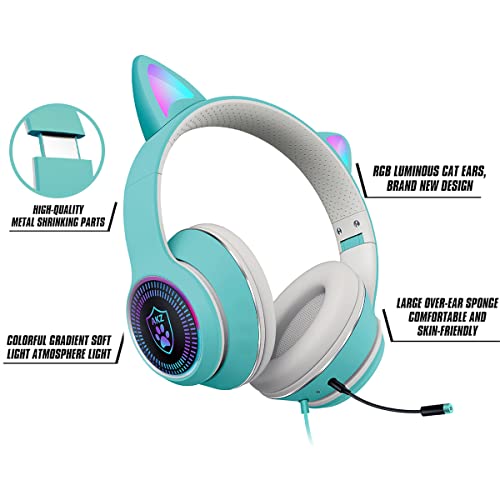 VIGROS Cat Ear Gaming Headphones Wired AUX 3.5mm LED Light, Noise Canceling Game Headphones Stereo Foldable Over-Ear Headsets with Microphone Fit Girls, Kids for PC, PS4, Switch, Xbox, Mobile, Laptop