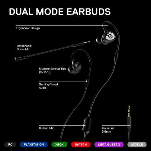 SteelSeries Tusq in-Ear Mobile Gaming Headset – Dual Microphone with Detachable Boom Mic – Ergonomic Suspension Design Earphones – for Mobile