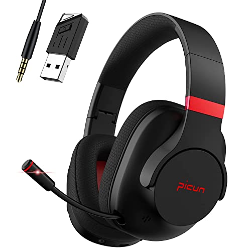 Picun 2.4Ghz/Bluetooth Wireless Gaming Headset for PC, PS5, PS4, Bluetooth Headphones with Retractable Noise-Cancelling Microphone, Soft Memory Foam Over-Ear Headsets for Cell Phone, Laptop, Computer