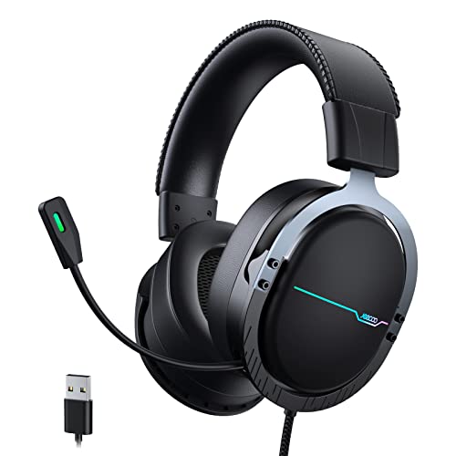 Jeecoo J75 USB Gaming Headset for PC - 7.1 Surround Sound, Retractable Clear Microphone, Ultra-Soft Memory Foam Ear Pads, Flowing RGB Lighting - Compatible with Laptops Desktop Computers