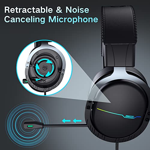 Jeecoo J75 USB Gaming Headset for PC - 7.1 Surround Sound, Retractable Clear Microphone, Ultra-Soft Memory Foam Ear Pads, Flowing RGB Lighting - Compatible with Laptops Desktop Computers